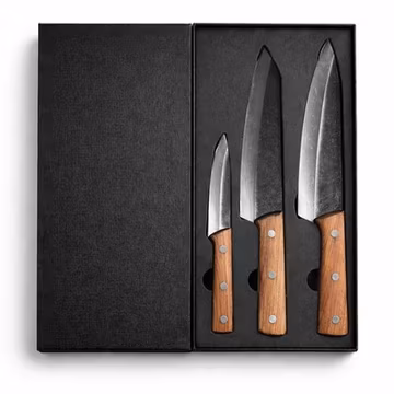 3 Piece Carbon Steel Kitchen Knives Set Chef Utility Paring Wood Handle Box