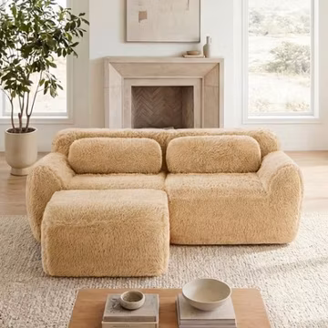 L-Shaped Boneless Sofa with Chaise, Light Khaki Plush Fabric, 32D Foam