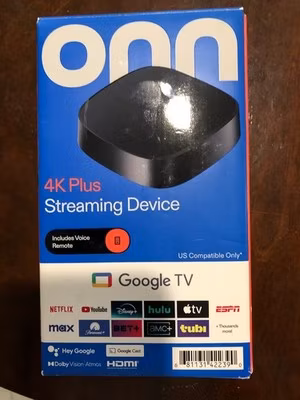 ONN 4K Plus Google TV Streaming Device Voice Remote Goggle Assistant-New in Box