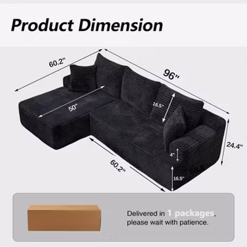 96"Frameless Boneless Soft Sofa,Cloud Sectional Couch With L-Shaped Chaise Black