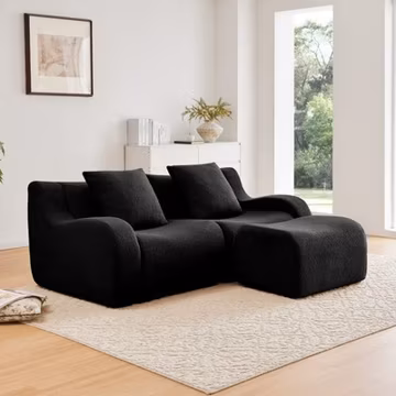 L-Shaped Teddy Fabric 2-Seat Boneless Sofa, Curved Armrest, Black