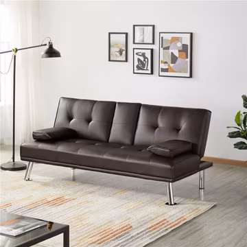 Renwick LuxuryGoods Modern Faux Leather Futon with Cupholders and Pillows