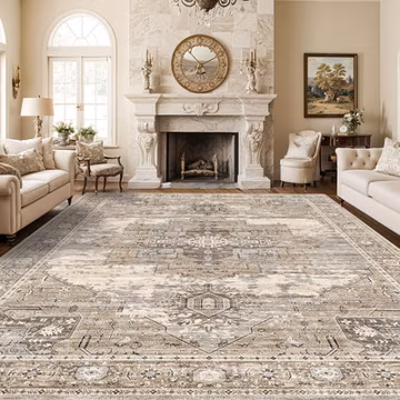 Beige 10x14 Washable Area Rug - Vintage Soft Non-Slip Indoor Carpet