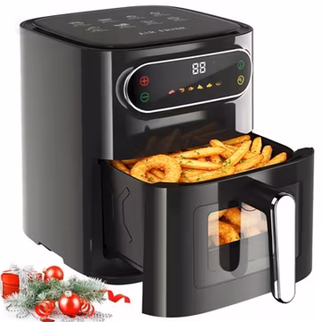 6QT Air Fryer, 1400W, Stainless Steel, Black, LED Smart Color Screen, 6