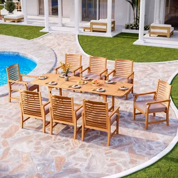 9 PCS Acacia Wood Outdoor Dining Set Patio Furniture Set Wicker Seat and Back