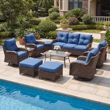 Patio Furniture Set, 12PCS Outdoor Wicker Conversation Set 12 Pcs Navy Blue