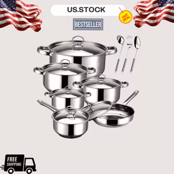 NEW 15-Pc Stainless Steel Cookware Set 6 Pots & Pans 6 Lids 3 Utensils Induction