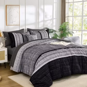 Modern Grid Striped Comforter Set 8 Pieces Bed in a Bag Microfiber All Season