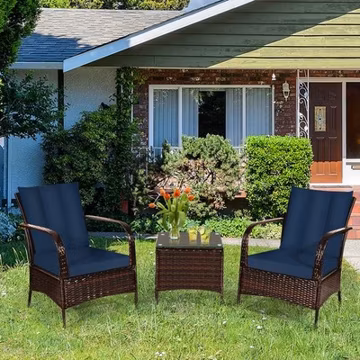 3PCS Rattan Patio Conversation Set Outdoor Furniture Set w/ Table Cushions