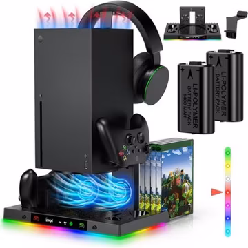 Xbox Series X Cooling Stand Charging Station 2x 1400mAh Battery 15 LED Modes