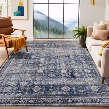 5x7 Vintage Floral Area Rug Washable Low Pile Non-Slip Rug for Living Room Blue
