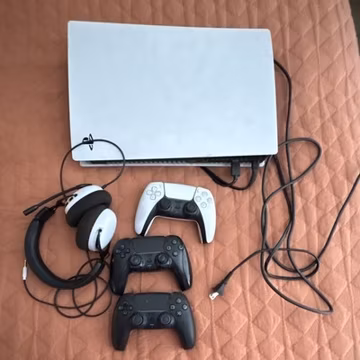 Sony PlayStation 5 Console Bundle w/ 3 Controllers, White/Black Headset, Cables