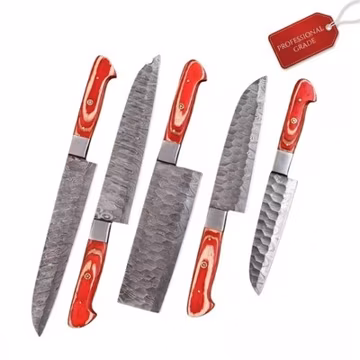 5-Piece Premium Damascus Kitchen Knife Set Crimson Wood Handles Heirloom Gift