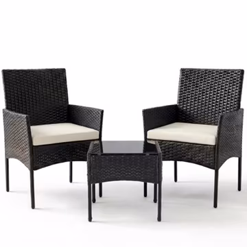 3-Piece Outdoor Wicker Bistro Set - All-Weather Rattan, Removable Cushions, Glas