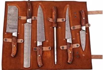 Handmade 6 Damascus Steel BBQ Kitchen Chef knife set with leather roll bag,