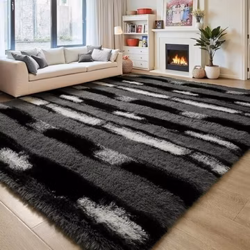 Fluffy Area Rugs for Bedroom Living Room, 4X6 Black and Grey Soft Plush Striped