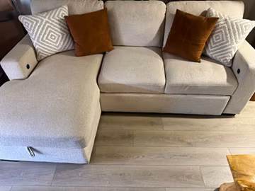 Beige Fabric Sleeper Sofa Pull-Out Bed w/ Chaise & Cushions, Solid 4-Seat