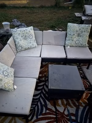 Outdoor Rattan Sectional Set with grayish Cushions & Black Square Glass Table