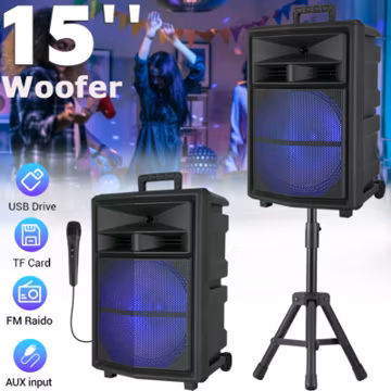 15" Woofer Portable Party Bluetooth Speaker Heavy Bass Sound Stand Mic LED TWS