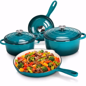 7Pcs Cast Iron Cookware Set Nonstick Enameled Dutch Oven PFOA & PFAS Free