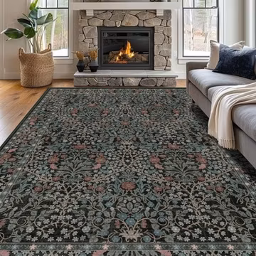 Rug 8x10 Dark Green Washable Floral