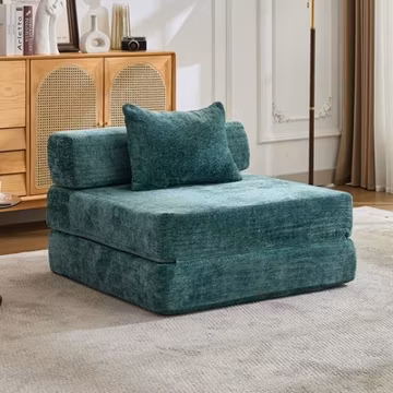 Convertible Floor Sofa Bed with Fixed Frame, Chenille, Dark Green