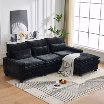 Modern L-Shaped Sectional Sofa, 4-Seat Chenille Couch with Ottoman, Black