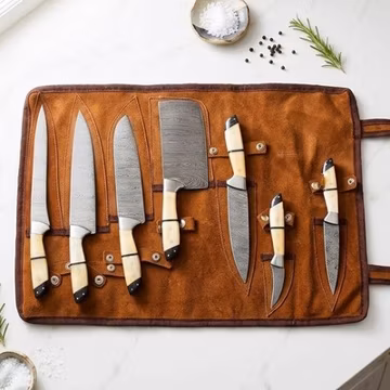 Hand Forged Damascus Steel Professional Kitchen Knives 7pc Set with Leather Bag