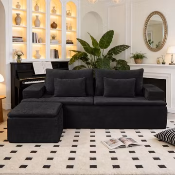 L-Shaped Boneless Couch,Corduroy Modular Sectional Sofa with Movable Ottoman