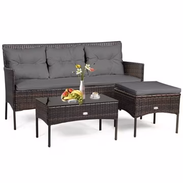 3-Piece Grey Rattan Patio Sectional Set With Cushions And Glass Coffee Table