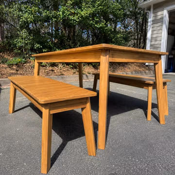 Rustic Modern 3-Piece Acacia Wood Outdoor Dining Set Table & 2 Benches Patio Set