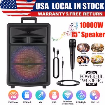 15" Portable Bluetooth PA Speaker 10000W Super Bass w/ Mic & Stand TWS FM Party
