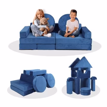14-Piece Kids Modular Play Couch Sofa, DIY Foam Cushion Furniture - Blue