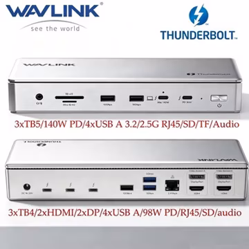 WAVLINK Multi TB4/5 Laptop Docking Station Thunderbolt 5 Dock Dual HDMI DP 140W