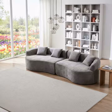 Modern Curved Chenille Sectional Sofa, 111" L, Grey, Pillow Back