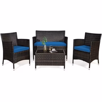 4PCS Patio Rattan Conversation Furniture Set Outdoor w/ Peacock Blue Cushion