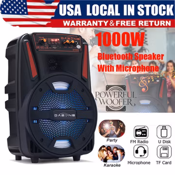 8" 1000W Portable Bluetooth Speaker Subwoofer Heavy Bass DJ Party System w/ Mic