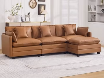 111" Leather L Shape Sectional Sofa Cloud Deep Seat 4-Seat w/Ottoman Light Brown