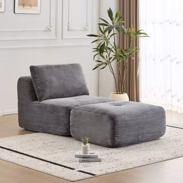 Modern Memory Foam Sofa Chaise Longue Corduroy Fabric Movable Ottoman Grey