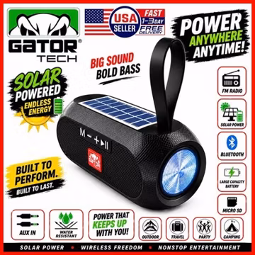 Solar Bluetooth Speaker Wireless Portable Power Stereo Bass USB SD FM Radio LOUD