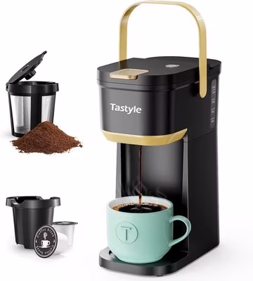 Single Serve One Cup Coffee Maker – K Cup/Grounds, Mini 6–12oz Portable, Black