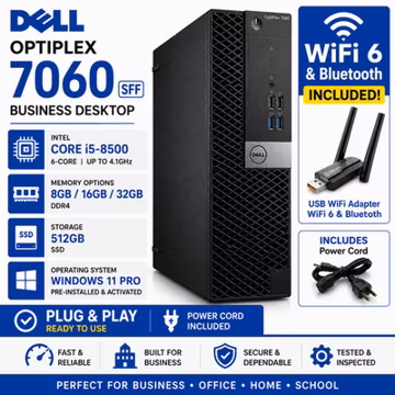 Dell OptiPlex 7060 SFF i5-8500 512GB SSD Win 11 Pro WiFi Bluetooth Desktop PC