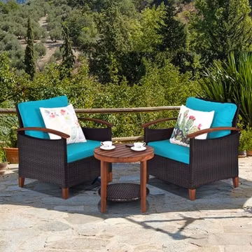 3PCS Patio Wicker Rattan Conversation Set Outdoor Furniture Set w/ Turquoise