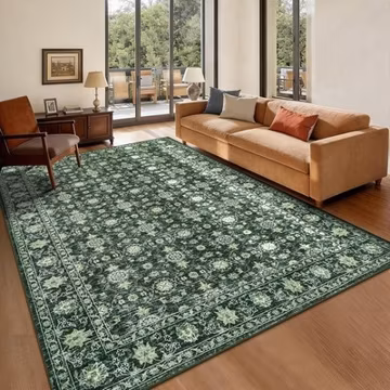 Vintage Floral Green 9x12 ft Washable Area Rug Non Slip Living Bedroom Nursery