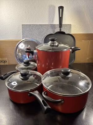 10 Piece Red Cookware Set Nonstick Pots, Lids, Griddle Home Kitchen Cooking