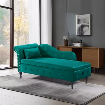 60" Velvet Chaise Lounge Bench with Storage & Pillow, Green