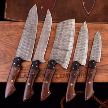 Damascus Steel Knives set 5 pcs Custom Handmade Knives Leather Bag