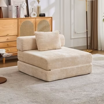 Convertible Floor Sofa Bed with Fixed Frame, Chenille, Beige