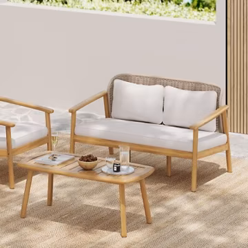 2PCS Outdoor Acacia Wood Sofa Set Patio Loveseat & Table w/ Cushions Braid Rope