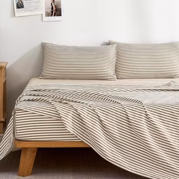 100% Cotton Bed Sheets Set – Khaki and White Stripes, King Size, Soft Bedding